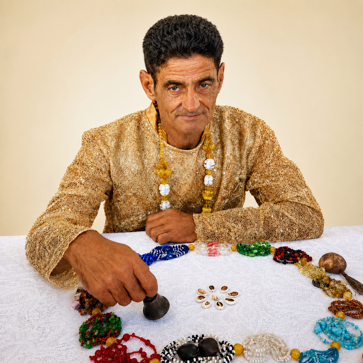 Pai Moacir de Oxum vestindo uma camisa dourada brilhante e guias tradicionais, com braços cruzados e expressão serena.